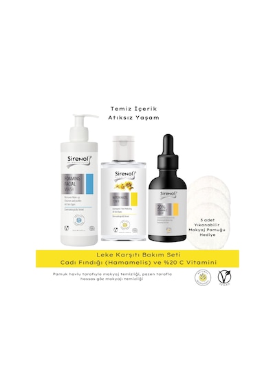 Sirenol Natural Cadı Fındığı Yüz Temizleme Köpüğü 250 ML + Tonik 300 ML + Vitamin C Serum 30 ML + Makyaj Pamuğu 3'lü