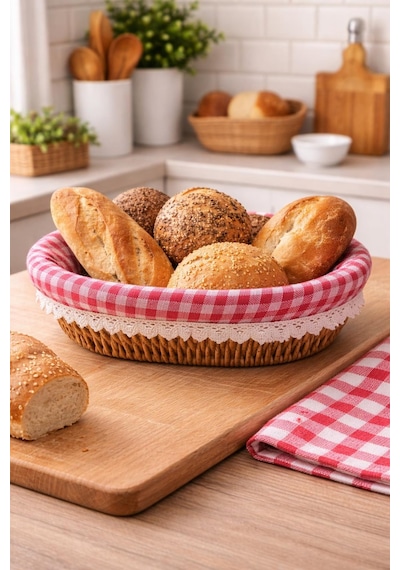 Şık Tasarımlı Oval Ekmeklik Rattan Pöti Kare Kumaşlı Ekmek Sepeti Çok Renkli