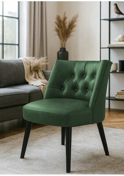 Waterybrook Berjer Sandalye - Kapitoneli Suni Deri - Siyah Ahşap Ayaklı - Retro Modern Tasarım Yeşil