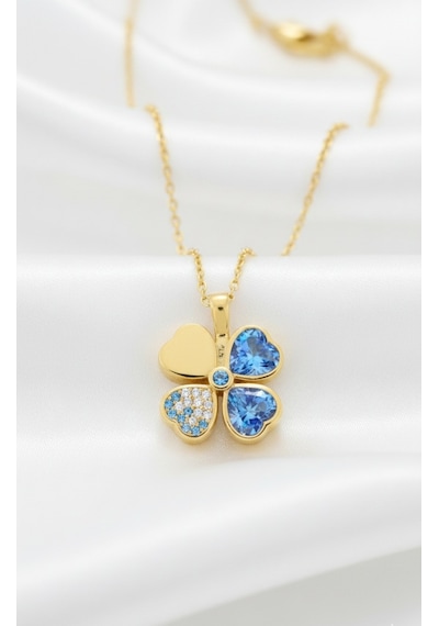 Çekirdekjewelry 925 Ayar Gümüş Aqua Taşlı Ters Yonca Kolye Sarı