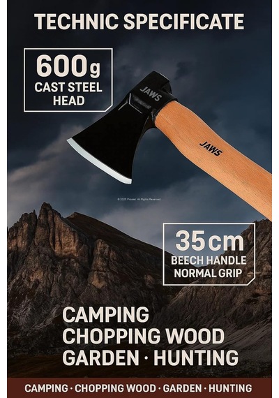 Lexroo Jaws Kamp Baltası, 600 Gram, Dökme Çelik Baş, 35 Cm Kayın Sap, Isıl İşlemli