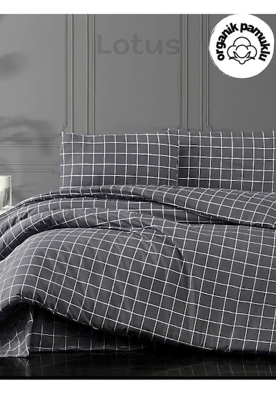 Lotus Home Minikaro Çarşafsız Pamuklu Tek Kişilik Nevresim Seti Füme
