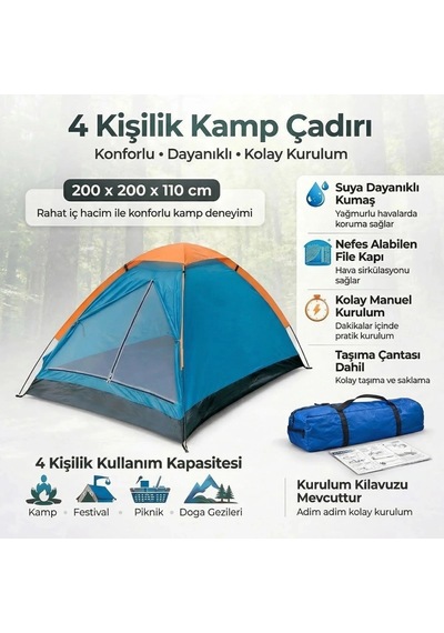 4 Kişilik Kamp Çadırı Manuel Kurulum Düz Kapılı Outdoor Dayanıklı Kamp Doğa Çadırı 200 X 200 X 110 C Çok Renkli