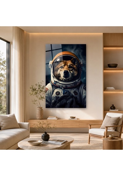 Astronot Giysili Köpek Çerçevesiz Cam Tablo