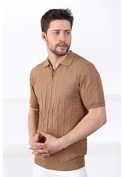 Ferraro Camel Polo Yaka Fermuarlı Erkek Pamuk Triko T-Shirt-Kahverengi (490417800) Kahverengi
