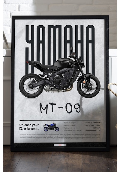 Mt-09 Siyah Ahşap Çerçeveli Poster, Dekoratif Motosiklet Duvar Tablosu