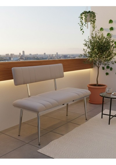 Özcan Metal Metal Ayaklı Metal Kasalı Sırtlı Krom Mutfak Salon Antre Yatak Odası Balkon Bench Puf Bank Oturak Krem