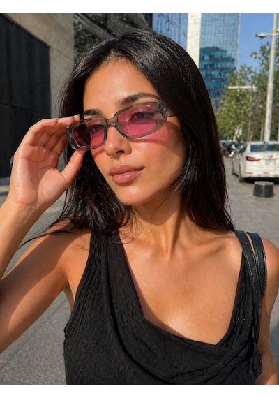 Kadın Şeffaf Güneş Gözlüğü Siyah Cam Dikdörtgen Çerçeve Retro Y2k Vintage Uv400 Gri - Pembe
