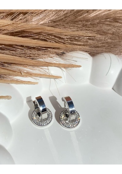 Gümüş / Silver Renk Zirkon Taşlı Diskli 316l Çelik Küpe Gümüş