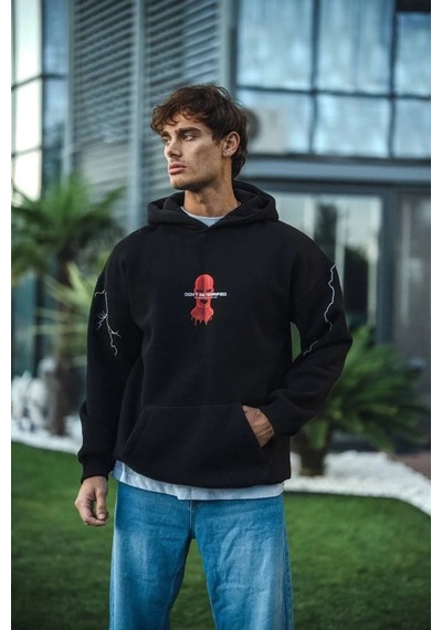 Assema Erkek Üç İplik Kapüşonlu Baskılı Oversize Sweatshirt- Siyah Çok Renkli