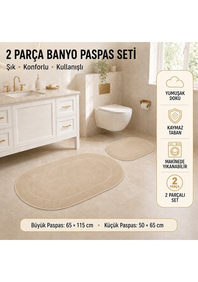 Rixos 2'li Banyo Halısı Paspası Seti Kaymaz Tabanlı Klozet Takımı Bej