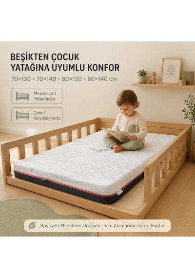 Baby Nature 8 Cm Sünger Bebek Ve Çocuk Yatağı Beşik, Park Yatak, Montessori Ve Çocuk Karyolası Fermuarlı Yıkanabilir Kılıf Kapok Kumaş 24 Dns Orta Sert Sünger Koruyucu Süprem 70 x 110 CM