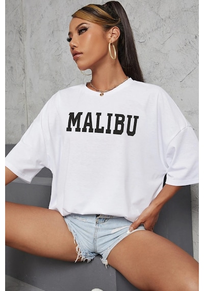 Unisex Malibu Baskılı Tasarım Tshirt Beyaz