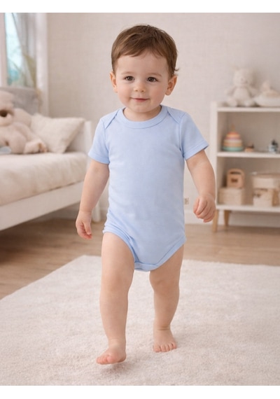 Civil Baby Düz Renkli Kısa Kol Çıtçıtlı Badi - Mavi 0-1 Ay Mavi