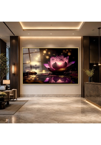 Bokeh Işığında Pembe Nilüfer Gold Çerçeveli Cam Tablo