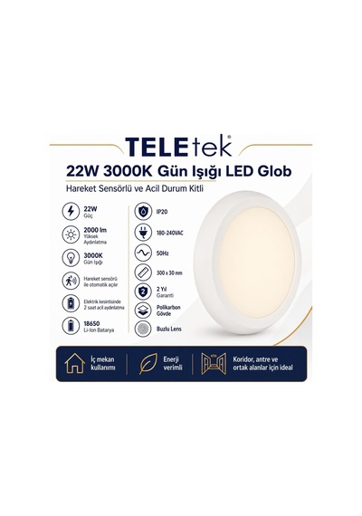 22w 3000k Gün Işığı Led Glob Hareket Sensörlü Ve Acil Durum Kitli Beyaz Armatür Ip 20 2000lm Diğer