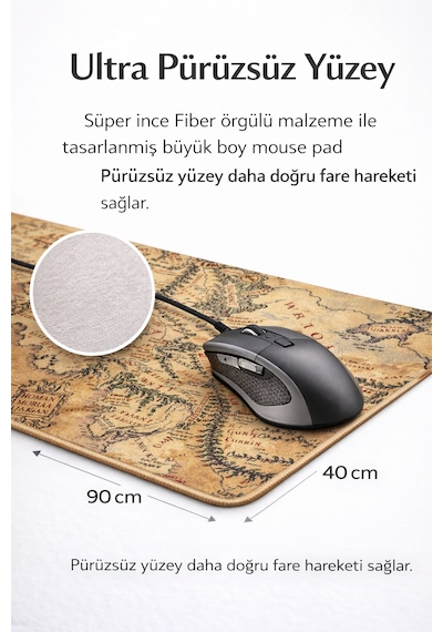 90x40 Xxl Gaming Mouse Pad Antik Harita Desenli Kaymaz Taban Büyük Boy Oyuncu Mousepad 90cm X 40cm