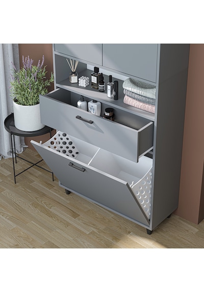 Çamaşır Sepetli Banyo Dolabı, Çok Amaçlı Dolap 90 X 200, Roomart Kül Gri