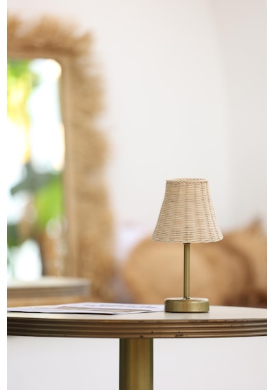 Rattan & Bambu Kablosuz Şarjlı Masa Lambası - Alt Uzun Eskitme Gold Eskitme Gold