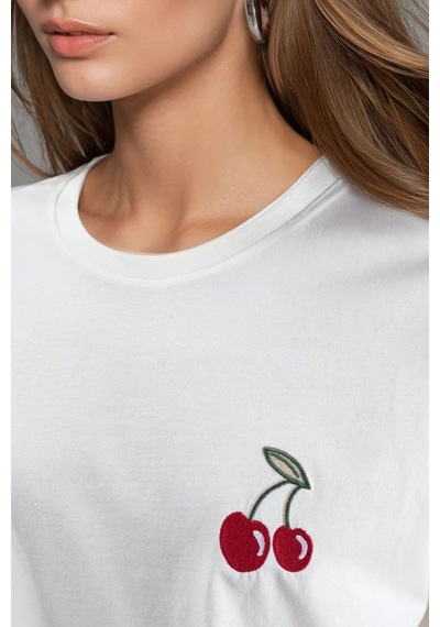 Hiccup Oversize Nakışlı Örme T-shirt Tozlu Beyaz