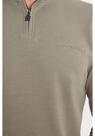 Tudors Erkek Slim Fit Dar Kesim Pamuklu Yarım Fermuarlı Dik Yaka Haki Sweatshirt-35786 Haki