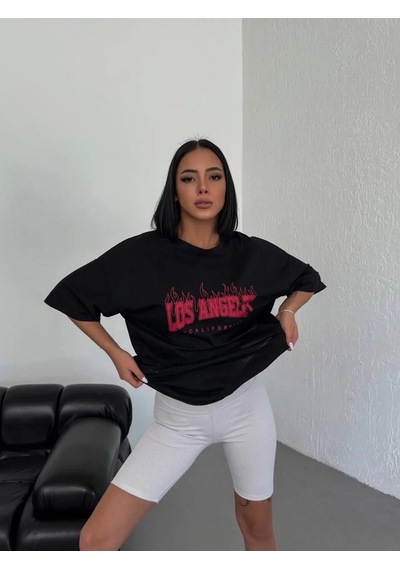 Kadın Kısa Kol Yazlık Tişört Bisiklet Yaka Los Angeles Baskılı T-shirt - Siyah