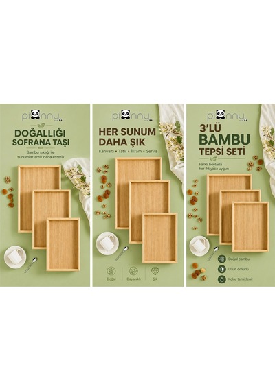 Pionny Bambu 3'lü Sunum Tepsisi Çok Renkli