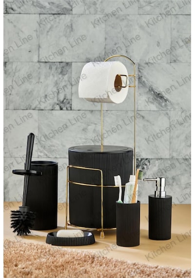 Gold 6 Parça Banyo Seti Metal Standlı Çöp Kovalı Wc Kağıtlık Ve Tuvalet Fırçası Katı- Sıvı Sabunluk Siyah