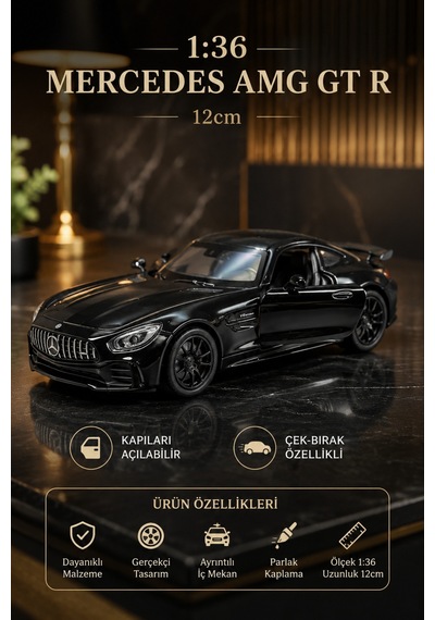 1:36 Mercedes Amg Gt R Siyah Diecast Metal Oyuncak Araba Açılır Kapı Çek Bırak Çok Renkli
