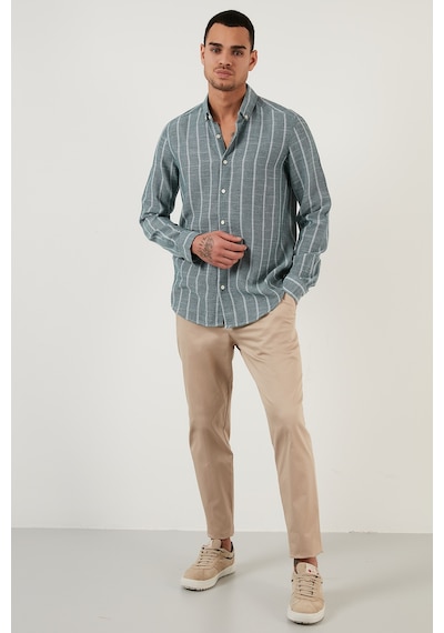 Buratti Pamuklu Çizgili Regular Fit Düğmeli Yaka Erkek Gömlek Cf21S112480 Haki-Beyaz