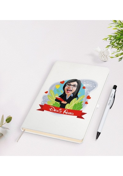 Bk Gift Kişiye Özel Öğretmen Karikatürlü Beyaz Defter Kalem Seti - 7