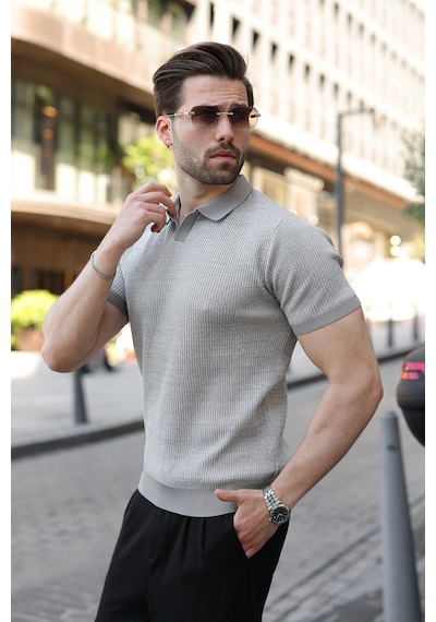 Madmext Gri Polo Yaka Regular Fit Erkek Triko Tişört E7496
