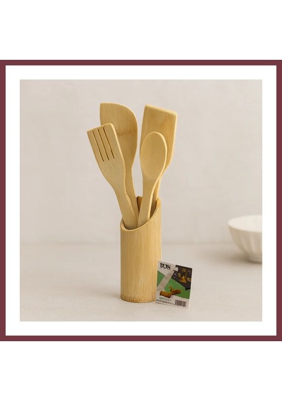 Storeşahin Ahşap Bambu Mutfak Servis Seti 5 Parça Kaşık, Çatal, 2 Spatula, Stand 27.5/30 Cm Shn0720
