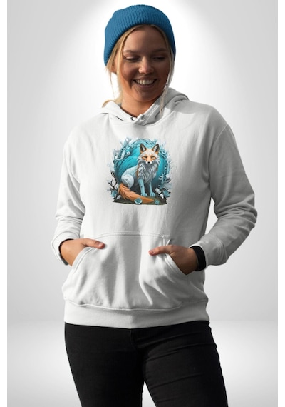 Beyaz Kurt Altın Maske Doğa Kadın Erkek Beyaz Kapüşonlu Sweatshirt Hoodie Beyaz