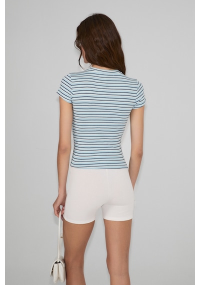 Grımelange Hopewell Kadın Yuvarlak Yaka Örme Slim Fit Mavi Çizgili T-shirt