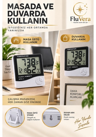 Dijital Termometre Nem Ölçer Saatli Higrometre Sıcaklık Ölçer Lcd Ekran