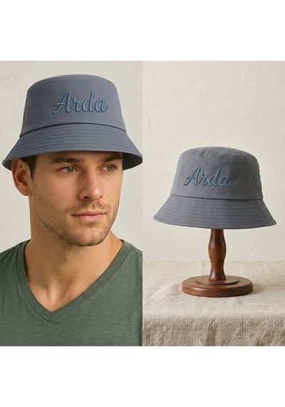 Bk Gift Kişiye Özel İsim Nakışlı Unisex Bucket Şapka Mavi Pamuk Gabardin Kumaş Yazlık Şapka