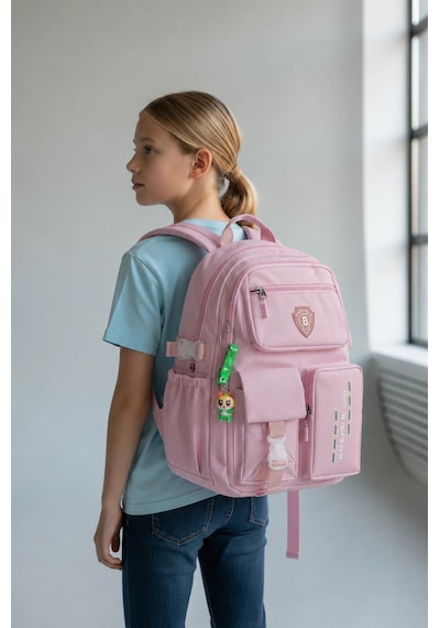 Açık Pembe Kore Model Çok Bölmeli Suya Dayanıklı Okul Çantası Yerli Üretim