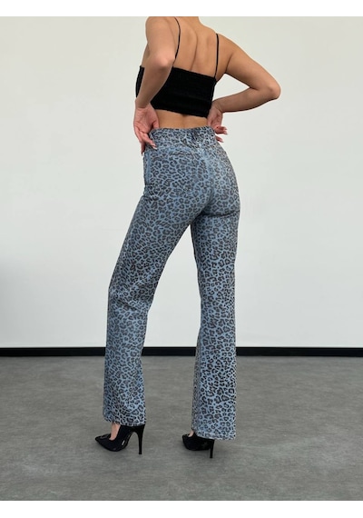 Desenli Yüksek Bel Denim Royal Mavi