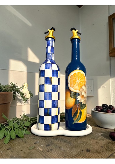 750 Ml Yeni Mavi Limon Ve Dama Desenli 2 Li Cam Yağdanlık Seti Gold Başlıklı Taş Sunum Standlı Dekoratif Tarz Lacivert