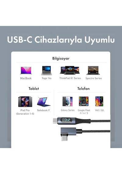 Microcase 240w Dijital Göstergeli L Tipi Type-c To Type -c 100 Cm Örgülü Kablo Hızlı Şarj Ve Data Kablosu -al5817 Siyah