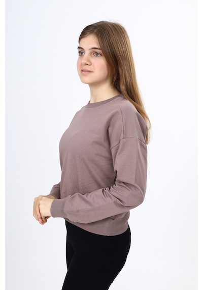 Toontoy Kız Çocuk Relax Fit Bisiklet Yaka Düşük Omuz Sweatshirt - 2 İplik Kahve