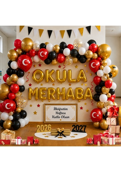 İlköğretim Haftası Konulu Okula Merhaba Gold Folyo Harfler Beyaz Kırmızı Siyah Gold Balonlar Okul Sınıf Pano Süsleme