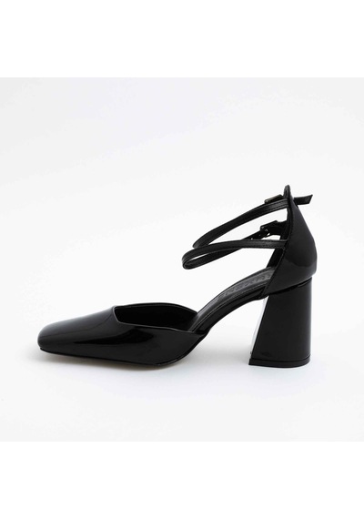 Gleam Kapalı Kare Burun 8cm Kalın Topuk Çift Bantlı Stiletto - Topuklu Ayakkabı 001
