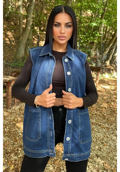 WeShaya Mavi Denim Kolsuz, Düğmeli, Geniş Cepli Uzun Kot Yelek Mavi