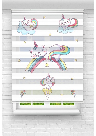 Perdecizade Enxboy Gökkuşağında Kedi Dijital Baskılı Zebra Perde-cocuk Odası-stor Perde Renkli