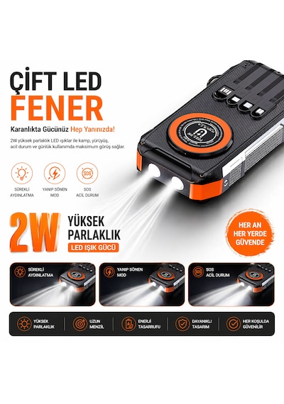 Ultratekno Fc-30 Solar Powerbank 30000 Mah 22.5w Hızlı Şarj 15w Kablosuz Şarj Güneş Panelli Led Fenerli Powerbank Siyah