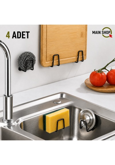 Mainshop 4 Adet Siyah Sünger Askılığı - Paslanmaz Çelik Suya Dayanıklı Delme Gerektirmeyen Tutucu M-sng1