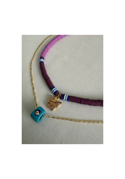 Kelebekli Mor Fimo Ve Nazar Boncuklu Gold Zincir Kolye İkili Set Mor Mor