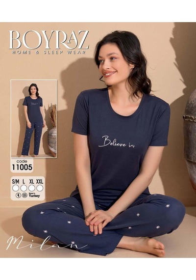Boyraz Slim Fit Dar Kesim Kadın Milan Bisiklet Yaka Kısa Kol Pijama Takımı 11005f - 1 Adet Füme